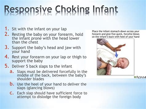 Put the infant with their face down and their head lower than their chest. . Care for the responsive choking infant consists of cycles of which of the following